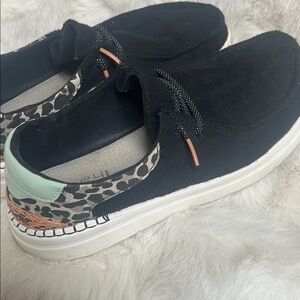 Hey Dude Black Slip-On Sneakers with Leopard and Mint Accents